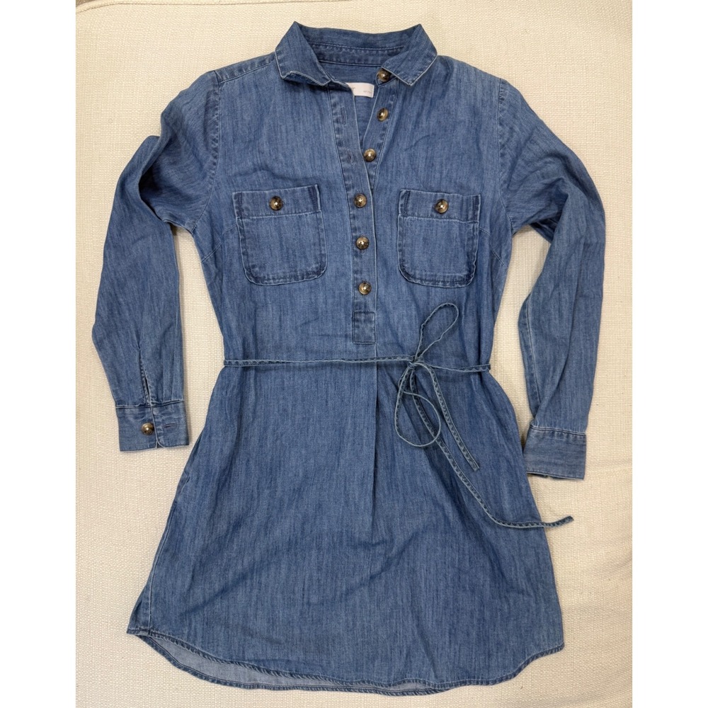 LOFT Chambray Shirt Dress Womens XSP Blue Tie Waist Cotton Excellent
